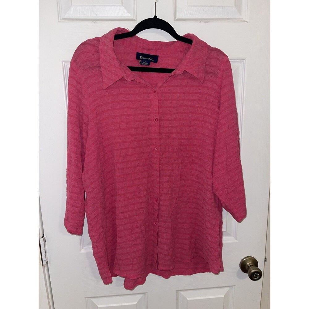 Denim & Co Stretch Gauge 3/4 Sleeve Button-Up Shirt in Hot Pink 1X